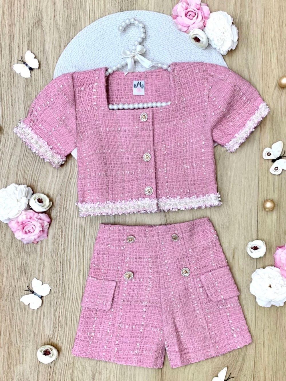 Girls Pink Tweed Two-Piece Set - Short Sleeve Jacket & Shorts